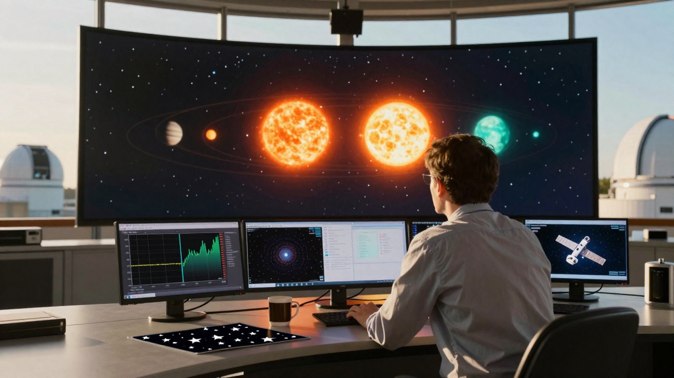 Pessoa a observar e analisar dados astronómicos numa sala com vários ecrãs e um painel grande do sistema solar.
