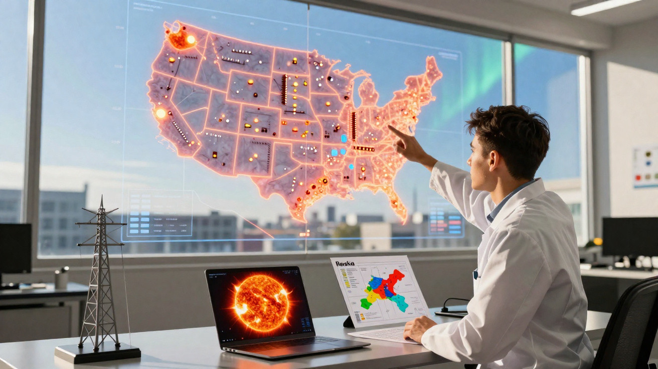 Homem em bata de laboratório aponta para mapa digital dos EUA com pontos de energia e gráficos em laptops na mesa.
