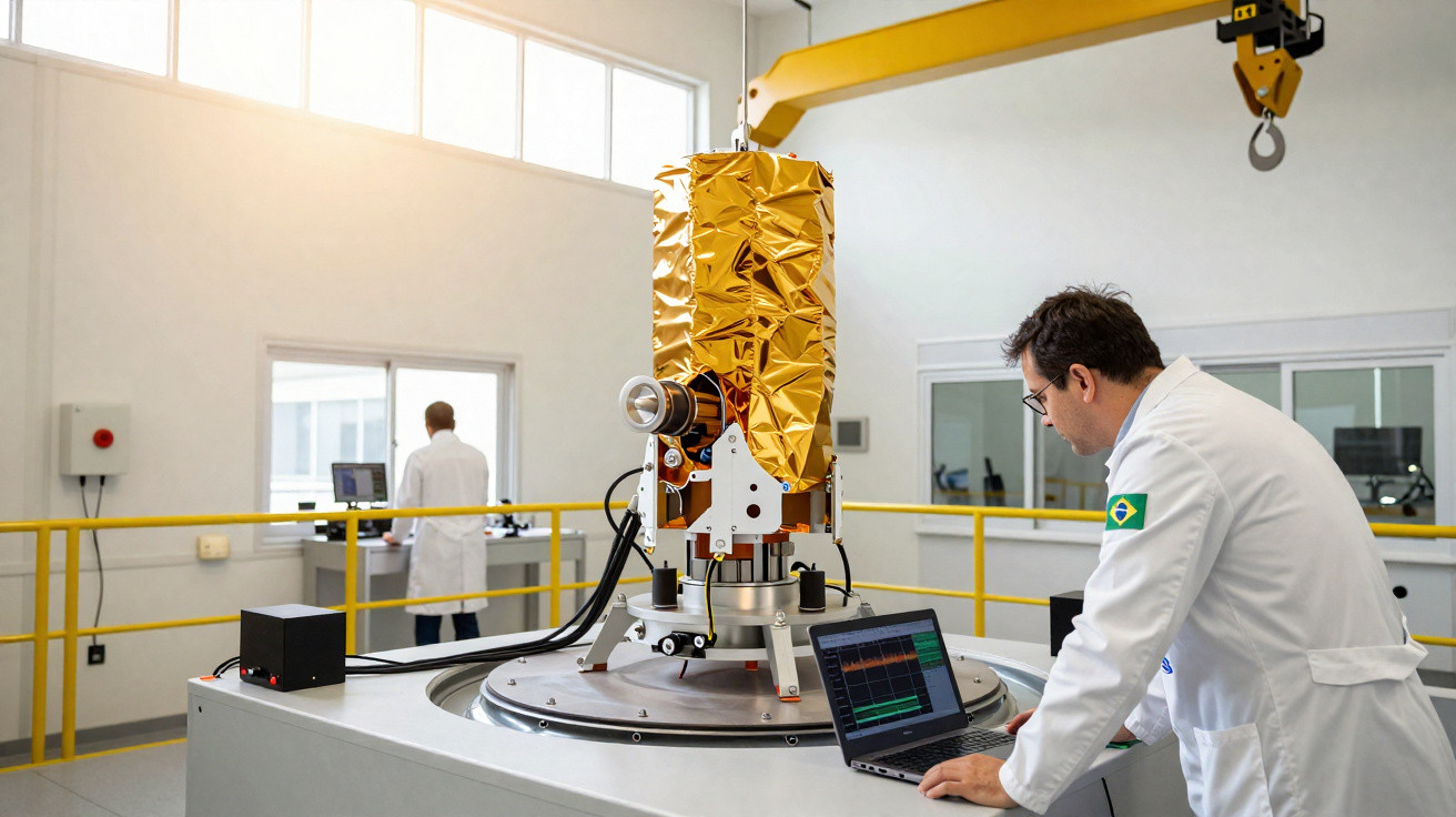 Técnicos em laboratório controlam equipamento com revestimento dourado enquanto analisam dados num portátil.