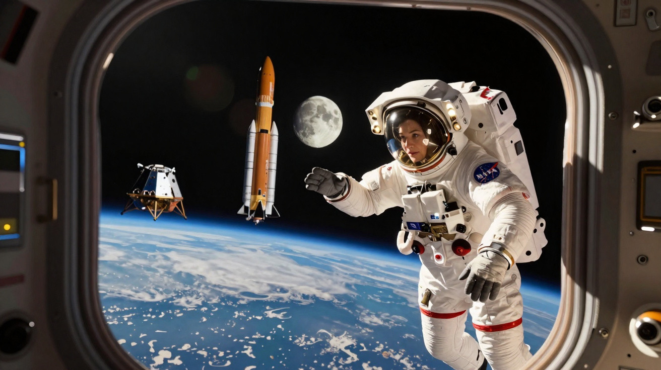 Astronauta da NASA em espaço exterior com Terra, foguete, módulo lunar e Lua ao fundo.