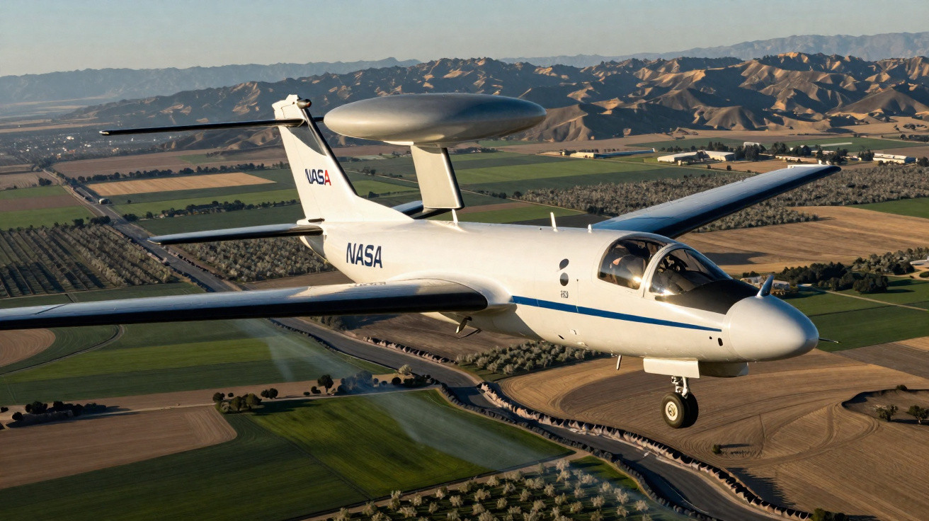 Avião de reconhecimento da NASA em voo sobre campos agrícolas com montanhas ao fundo.