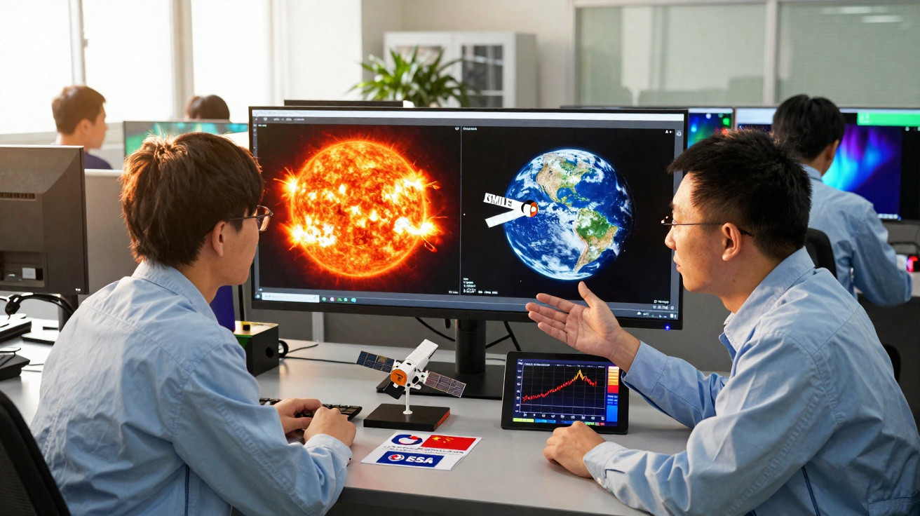 Dois cientistas asiáticos analisam dados de satélites em monitores com imagens do sol e da Terra, em laboratório.