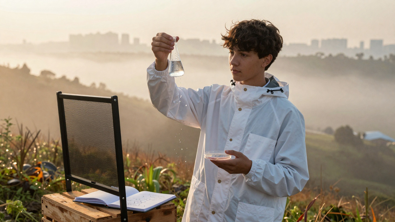 Jovem com vestido branco segura frasco de vidro com líquido ao ar livre, em paisagem com nevoeiro.