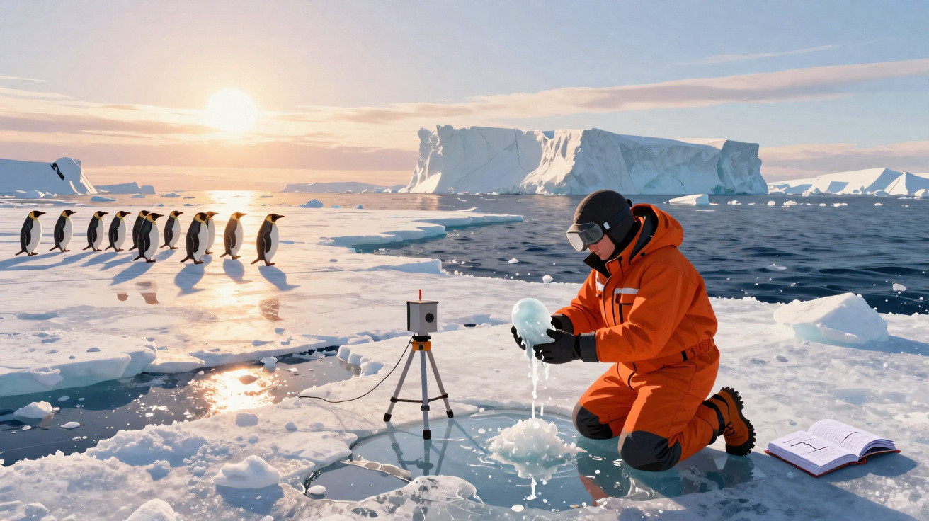 Cientista em equipamento laranja analisa amostra de gelo no Ártico com pinguins ao fundo e icebergs.