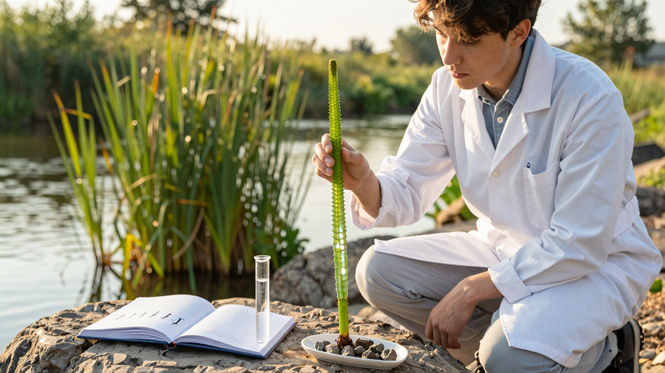 Jovem cientista em bata branca analisa planta aquática junto a lago com caderno e tubo de ensaio sobre pedra.