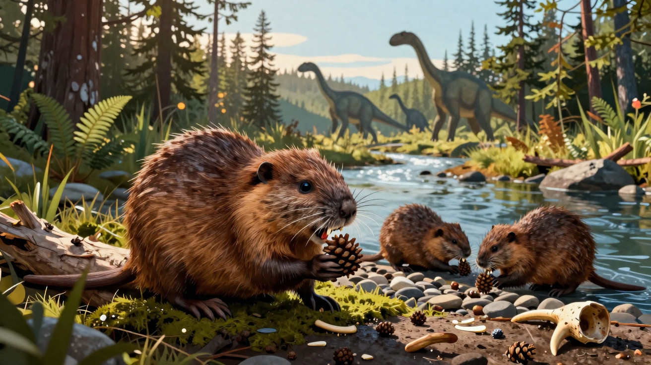 Três castores junto a um rio a roer pinhas, com dinossauros ao fundo numa floresta densa.
