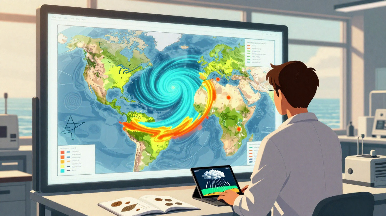 Pessoa analisa padrões de tempestades num mapa mundial digital dentro de um laboratório moderno junto ao mar.