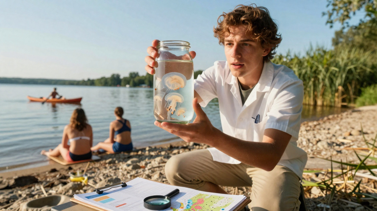 Jovem cientista observa água com águas-vivas num frasco junto a um lago com pessoas ao fundo.