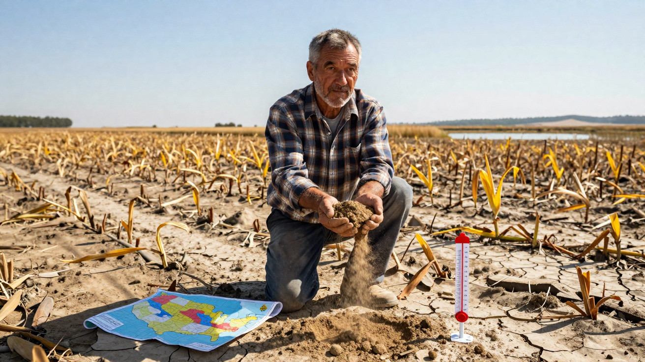 Homem agricultor de joelhos em campo seco e árido, segurando terra com mapa e medidor ao lado.