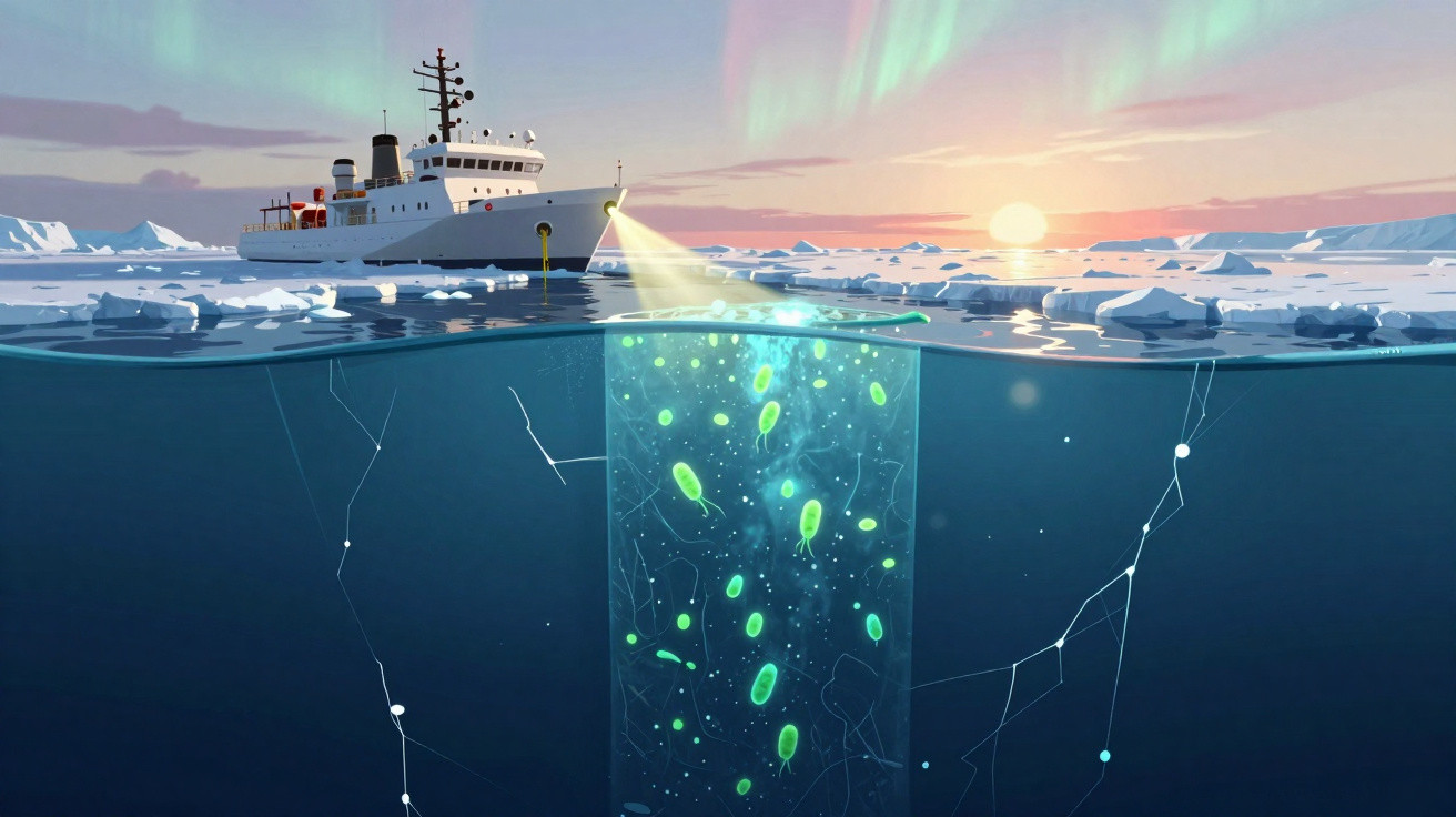 Navio de investigação no Ártico com foco de luz iluminando microorganismos verdes numa amostra de gelo marinho.