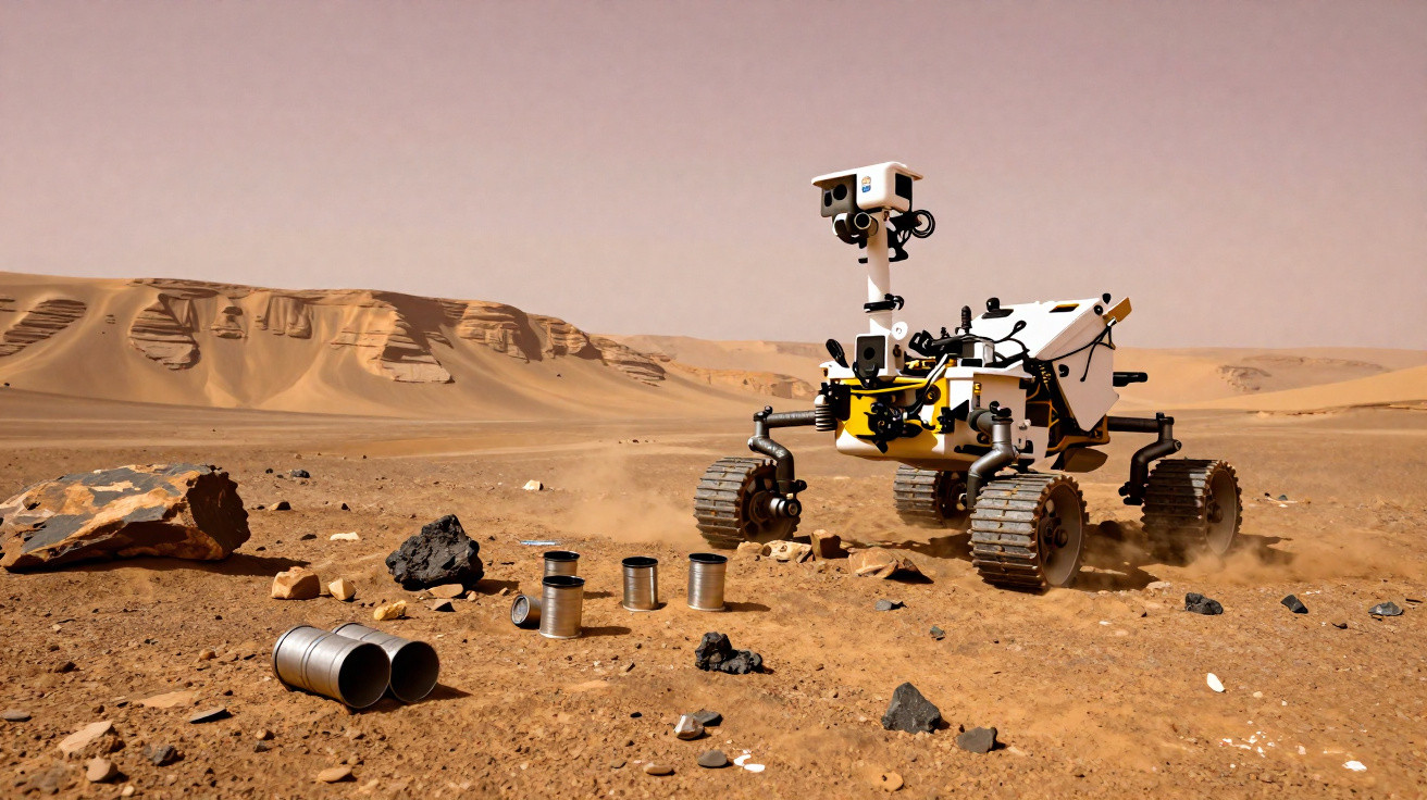 Rover explorador numa paisagem árida de Marte com rochas e amostras distribuídas no solo.