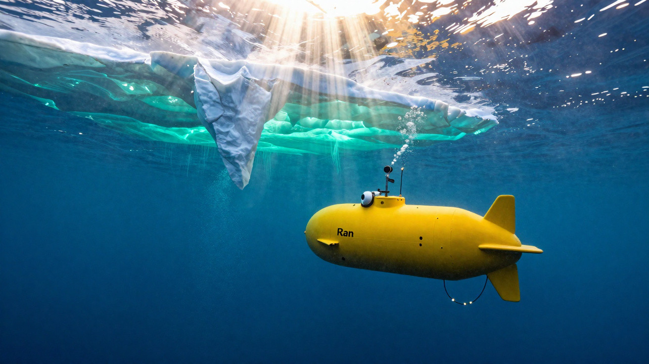 Veículo submarino amarelo a explorar icebergue com luz solar a penetrar a água fria do oceano.