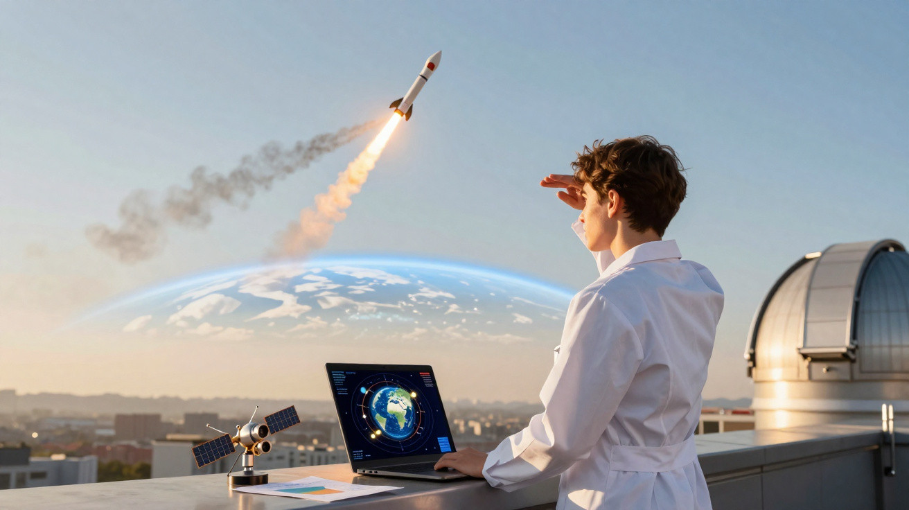Jovem cientista observa lançamento de foguetão com mapa da Terra no portátil e telescópio ao fundo.