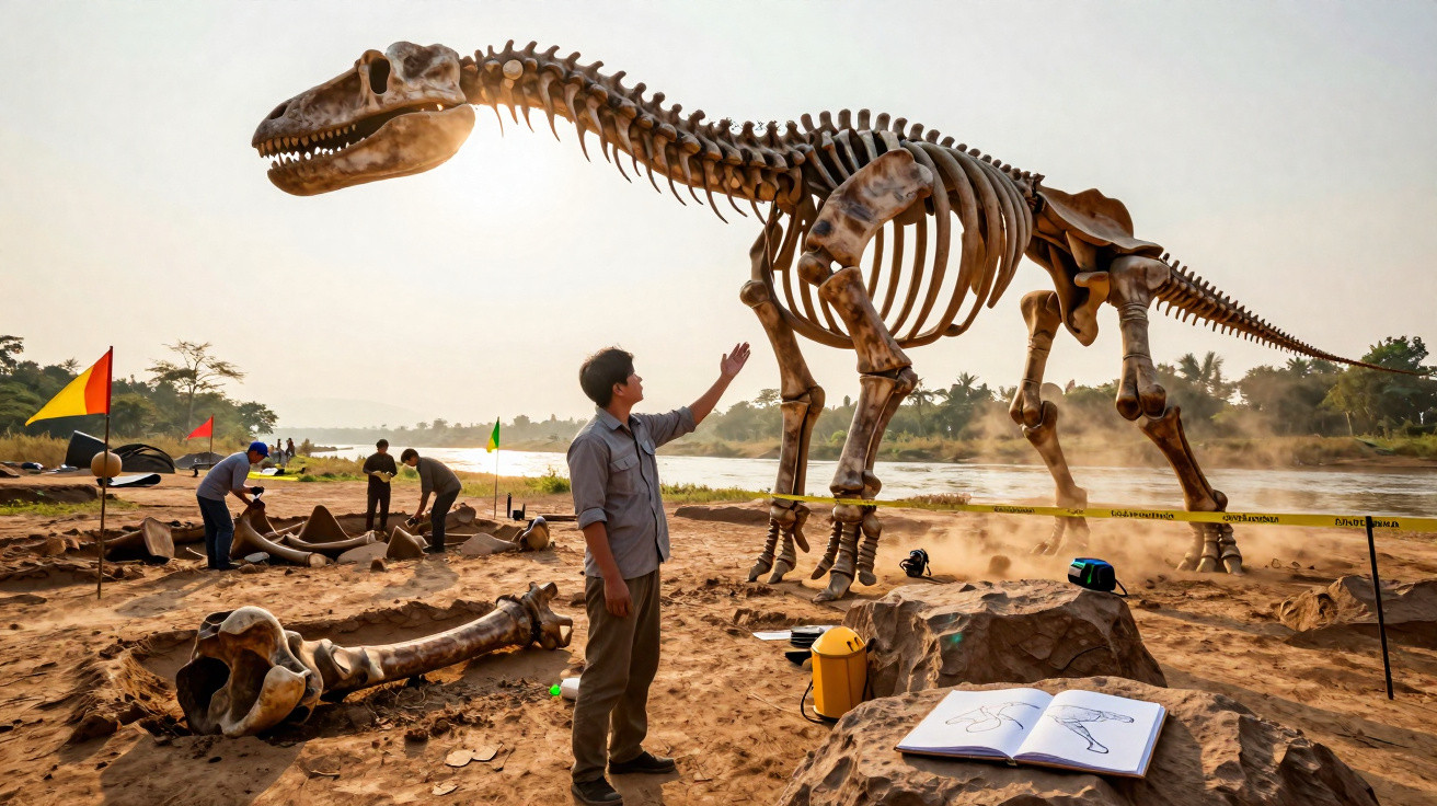 Escavação arqueológica com cientistas a estudar um esqueleto gigante de dinossauro ao ar livre.