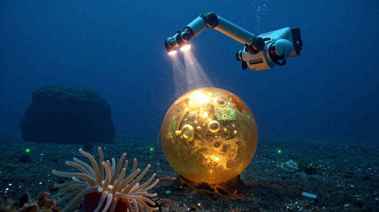 Robô subaquático ilumina esfera dourada com textura alienígena no fundo do oceano.