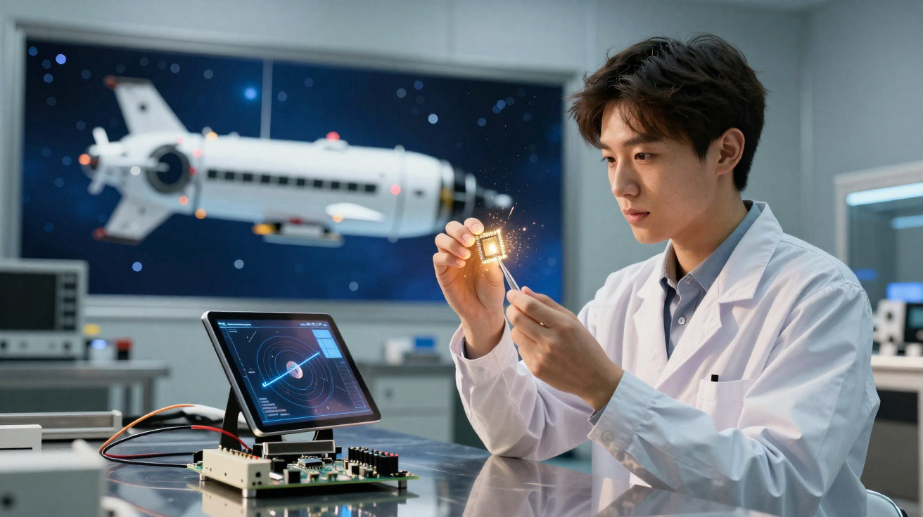 Homem com bata branca analisa chip brilhante em laboratório tecnológico com modelo de nave espacial ao fundo.
