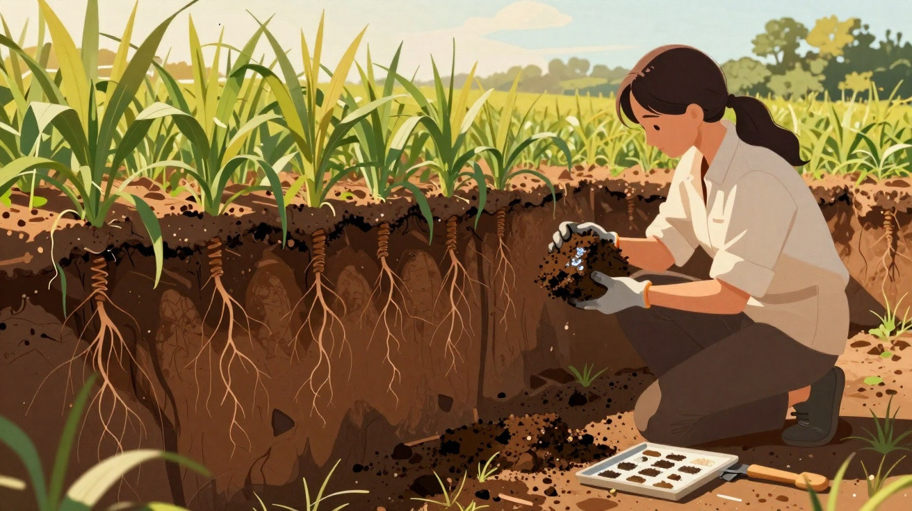 Mulher a analisar amostra de terra numa plantação, com raízes expostas e campo verde ao fundo.