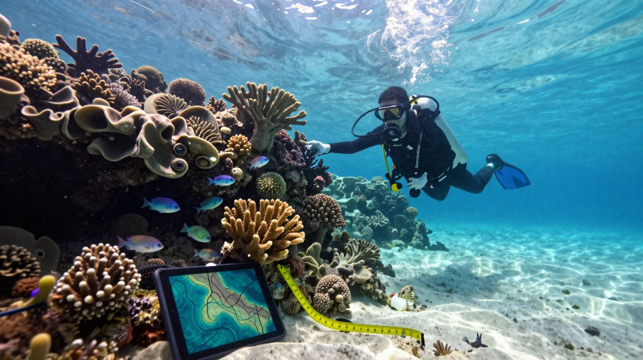 Mergulhador a estudar um recife colorido com coral e peixes tropicais, com equipamento e tablet subaquático.