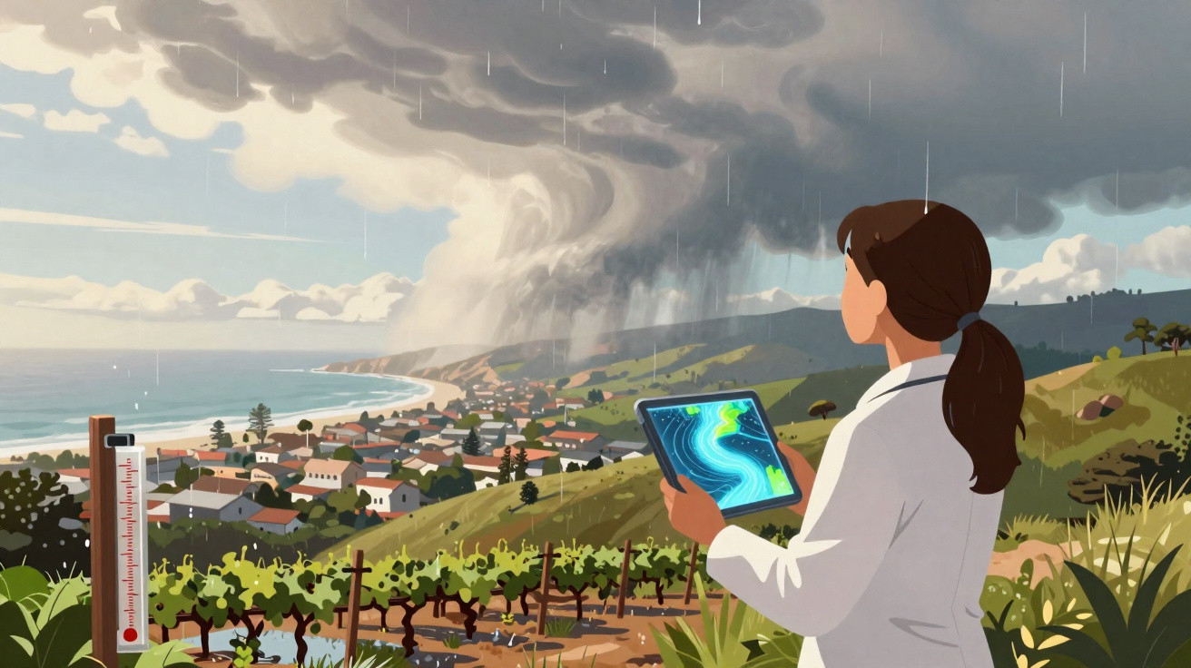Mulher observa tempestade distante com tablet, campo e termómetro em primeiro plano junto à costa.