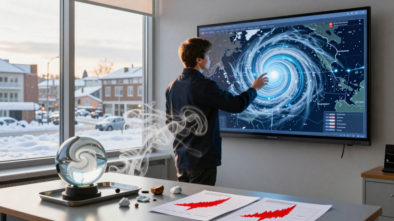 Pessoa a analisar no ecrã grande um mapa de furacão num escritório com neve na janela.