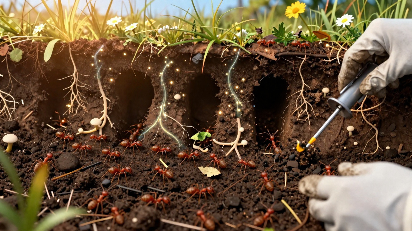 Formiga a trabalhar no solo com conexões mágicas e mãos com luvas a explorar o formigueiro, plantas e flores à superfície.