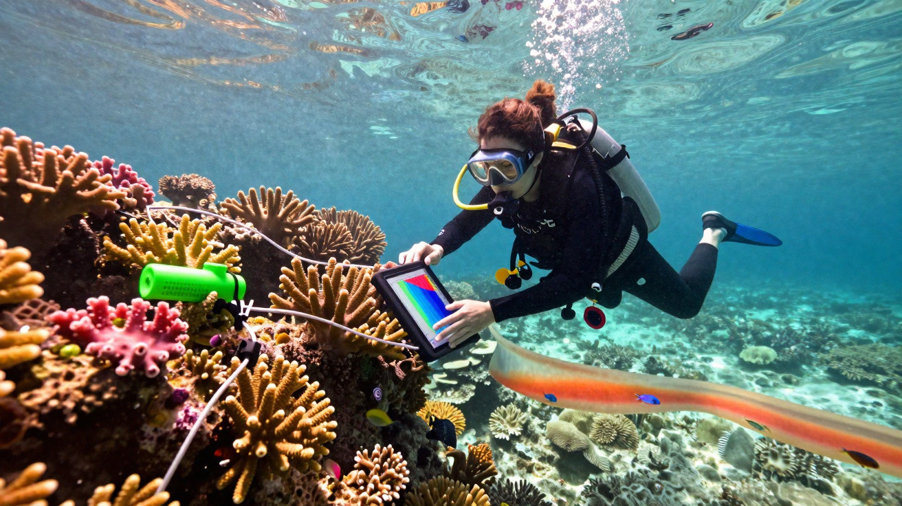 Mergulhadora a recolher dados com tablet digital junto a coral subaquático e peixe comprido numa zona marinha.