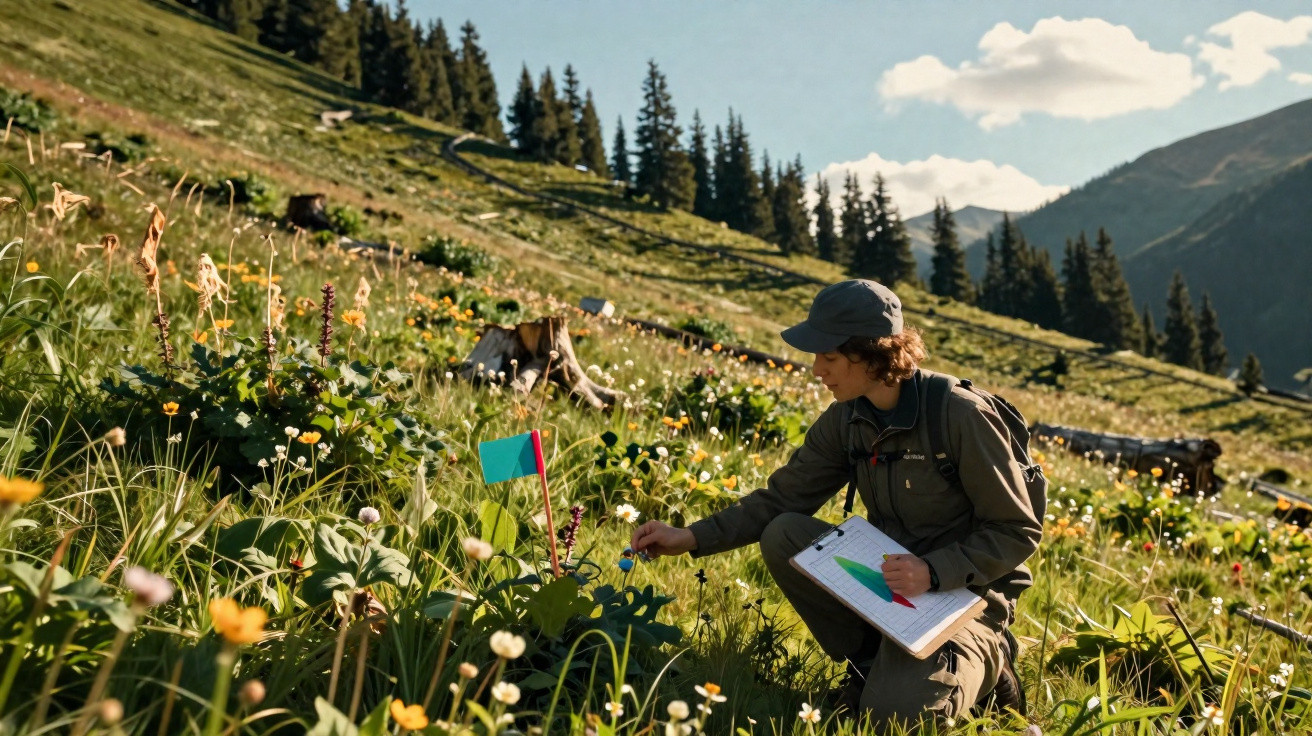 Pessoa a fazer estudo de plantas num prado florido com montanhas e árvores ao fundo.
