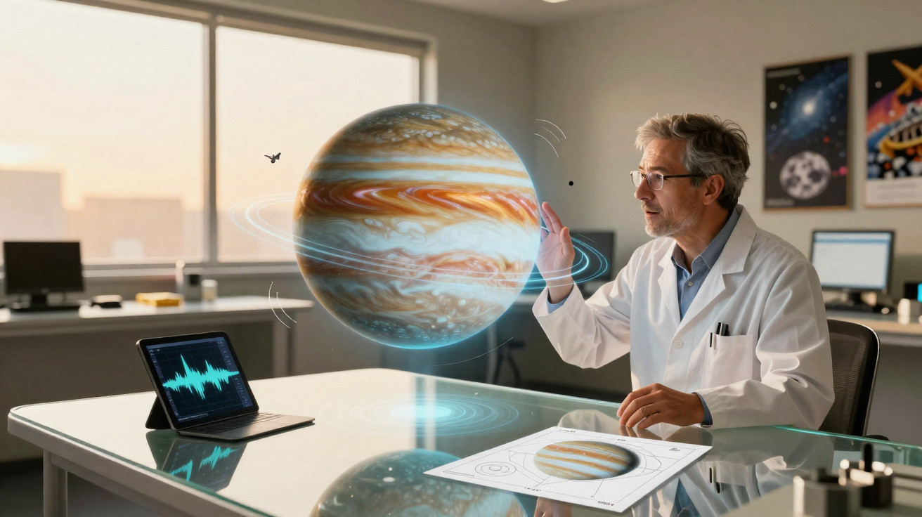 Cientista em laboratório interage com holograma do planeta Júpiter projetado sobre a mesa.