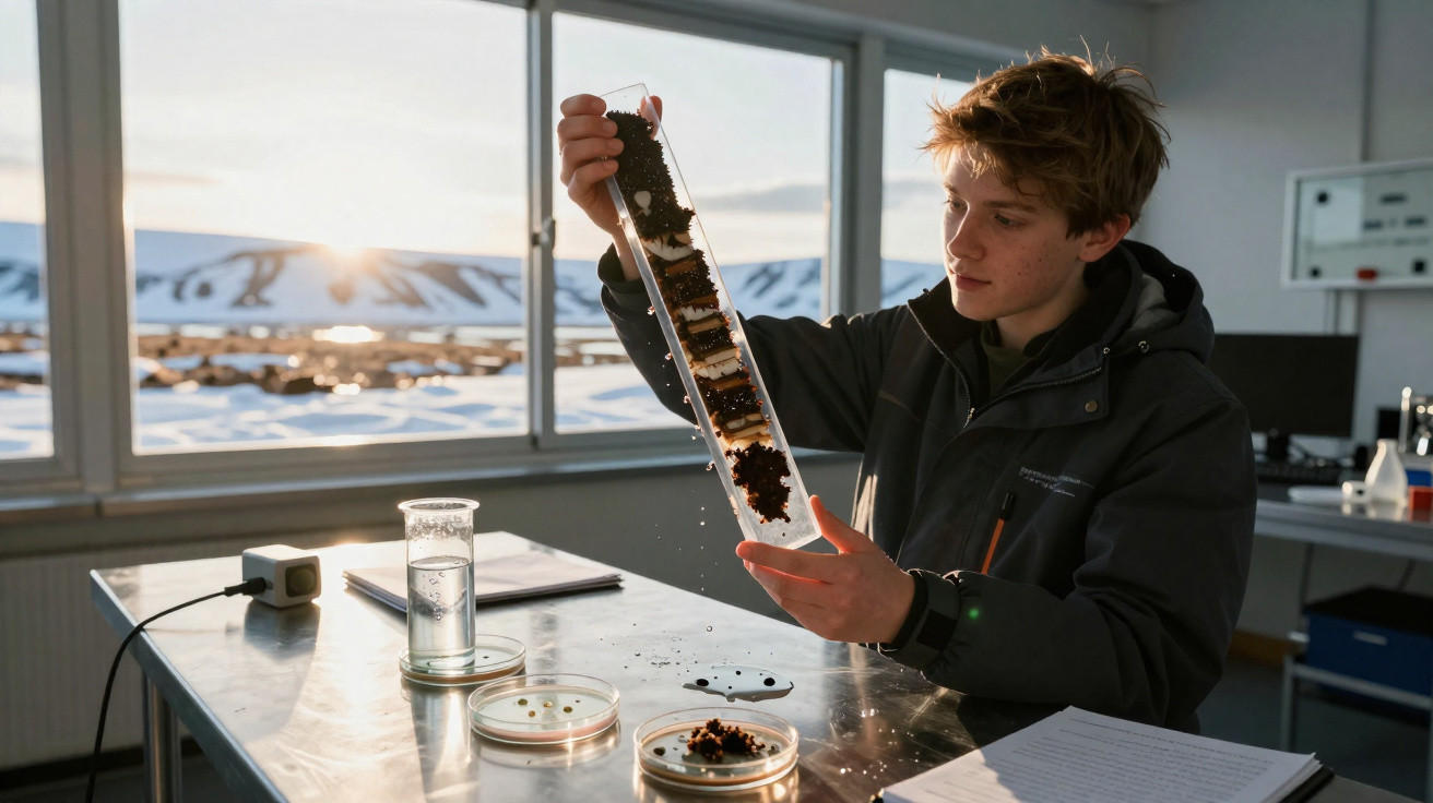 Jovem a analisar amostras de solo em laboratório com montanhas nevadas visíveis pela janela ao fundo.