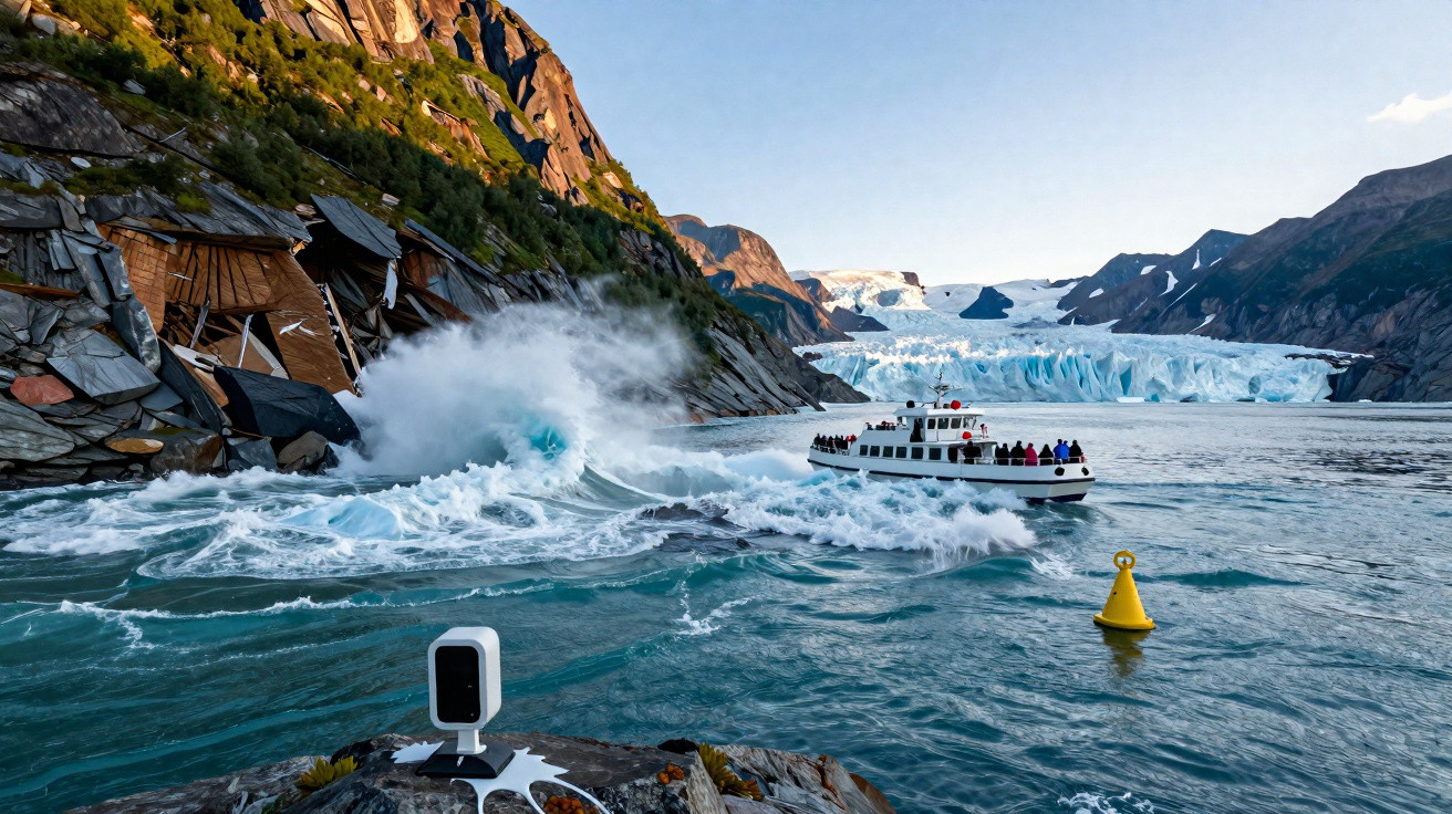 Barco de turismo navega em fiorde com icebergue e ondas fortes próximas a montanhas rochosas.