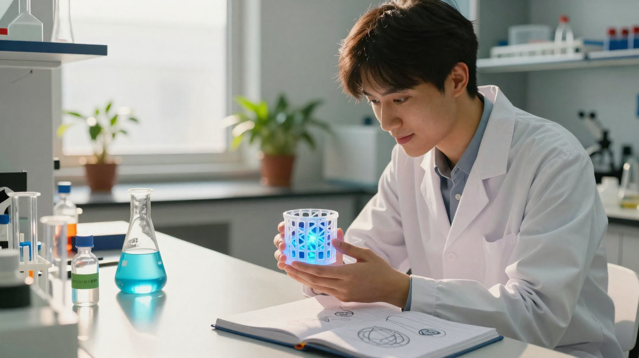 Jovem cientista a estudar amostra iluminada de cor azul num laboratório moderno.