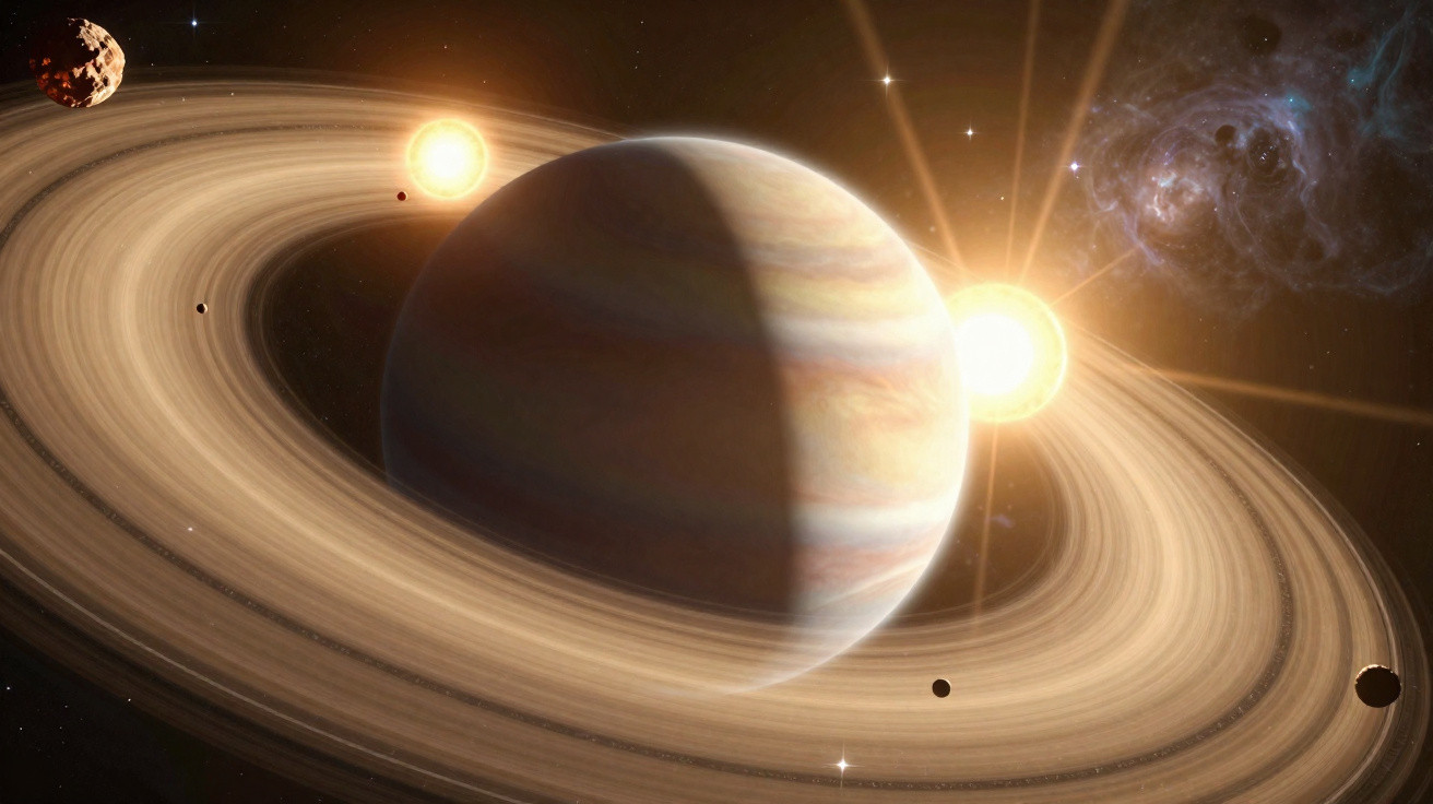 Planeta gigante com anéis orbitando, duas estrelas brilhantes ao fundo no espaço profundo.
