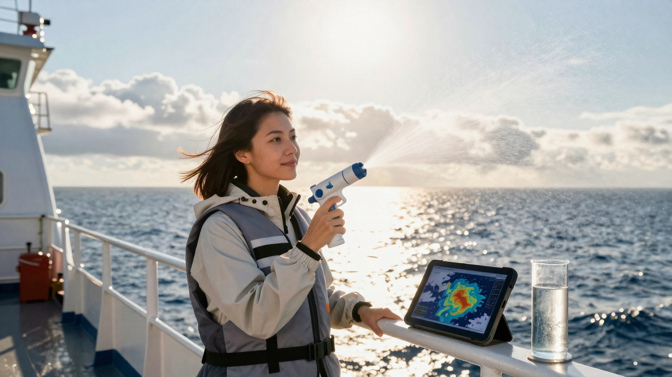 Mulher com colete salva-vidas utiliza equipamento de medição no convés de barco ao pôr do sol no mar.