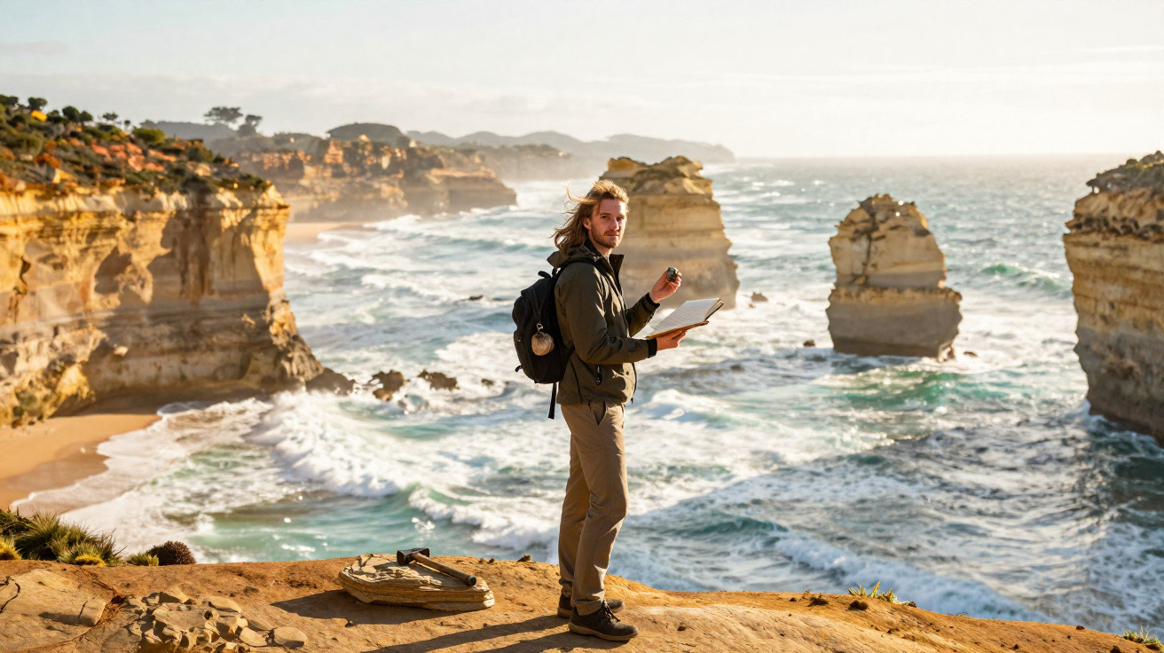 Homem com mochila escreve num caderno junto a falésia com vistas para rochas e mar agitado ao pôr do sol.