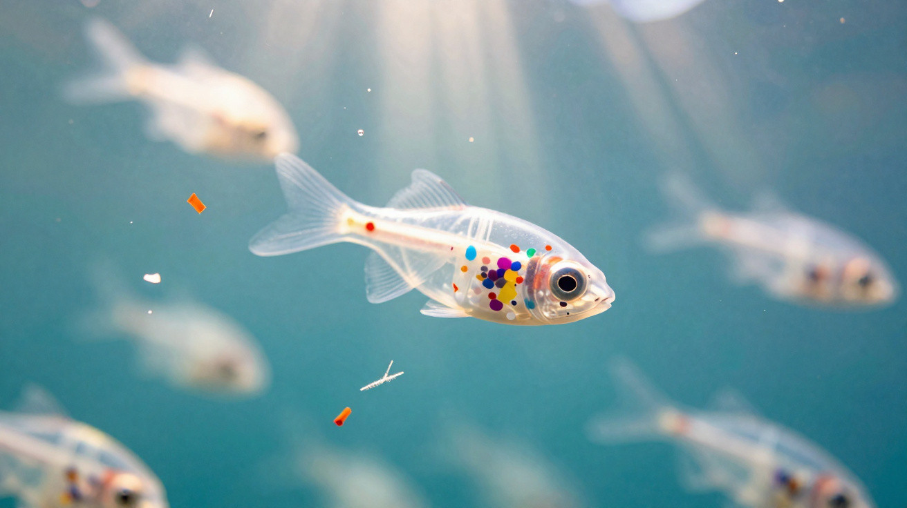 Peixe transparente com manchas coloridas no corpo a nadar num aquário com mais peixes desfocados.
