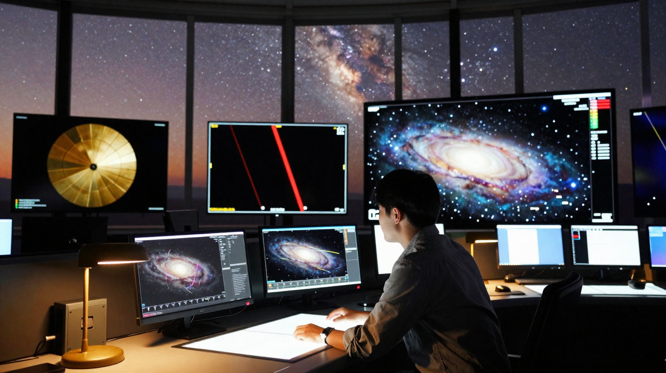 Pessoa a analisar imagens de galáxias em múltiplos ecrãs num observatório astronómico à noite.