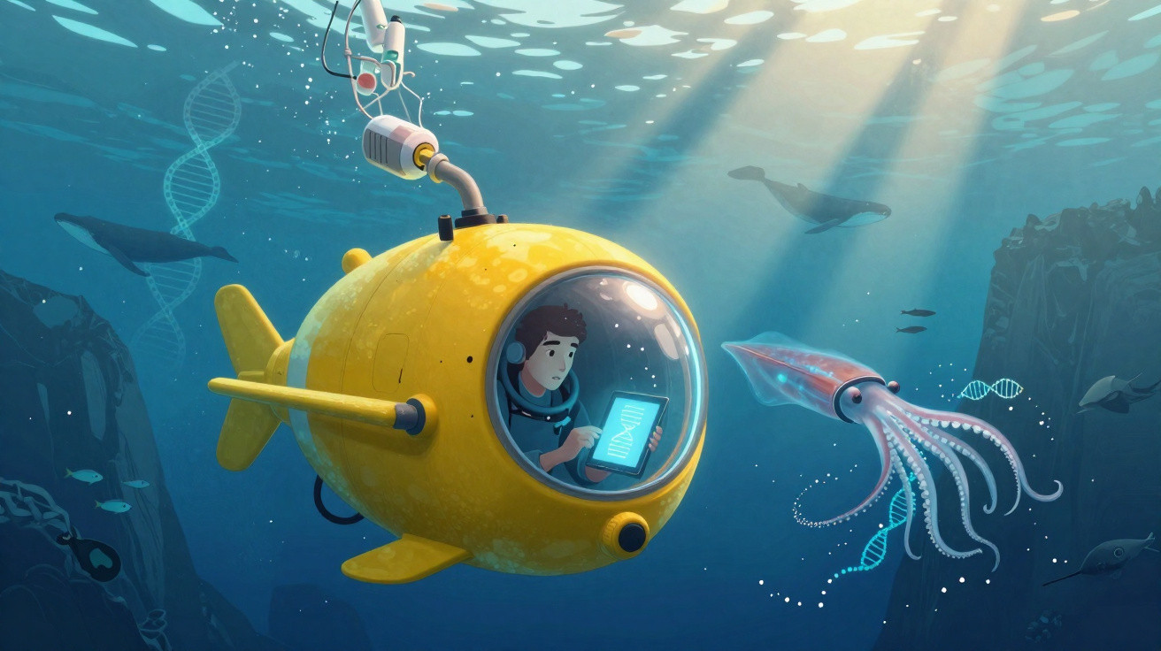 Homem em mini-submarino amarelo observa um lula gigante no fundo do mar iluminado por raios solares.
