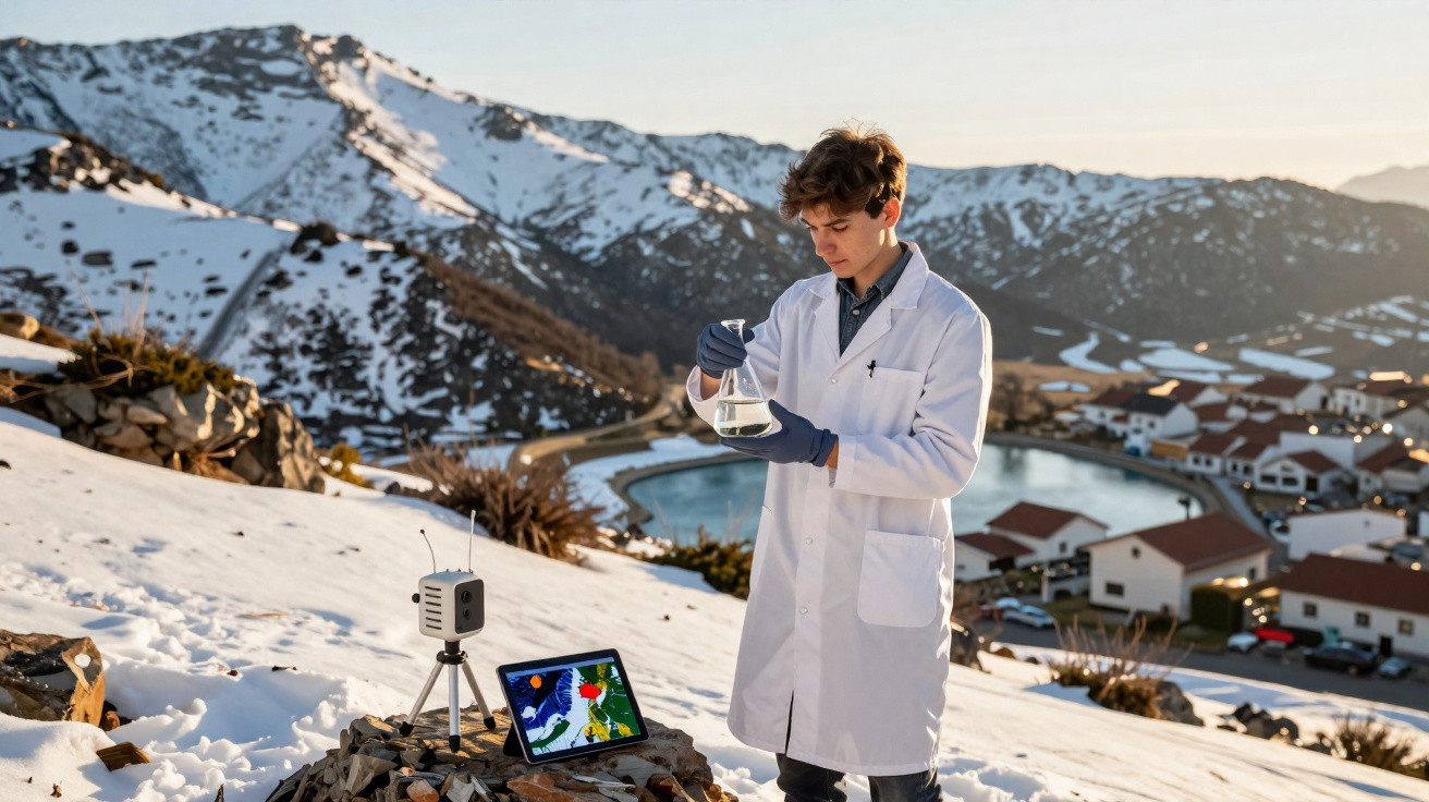 Jovem cientista em paisagem nevada, segurando frasco, com tablet e equipamento de medição ao ar livre.