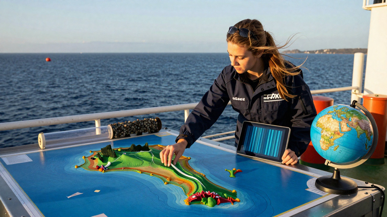 Mulher em barco estuda modelo 3D de ilha com globo terrestre e tablet junto ao mar ao pôr do sol.