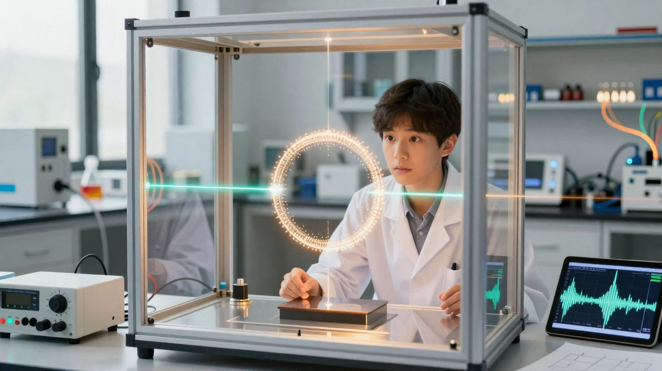Criança em laboratório observa experimento com raios laser e gráficos em ecrã num ambiente tecnológico.