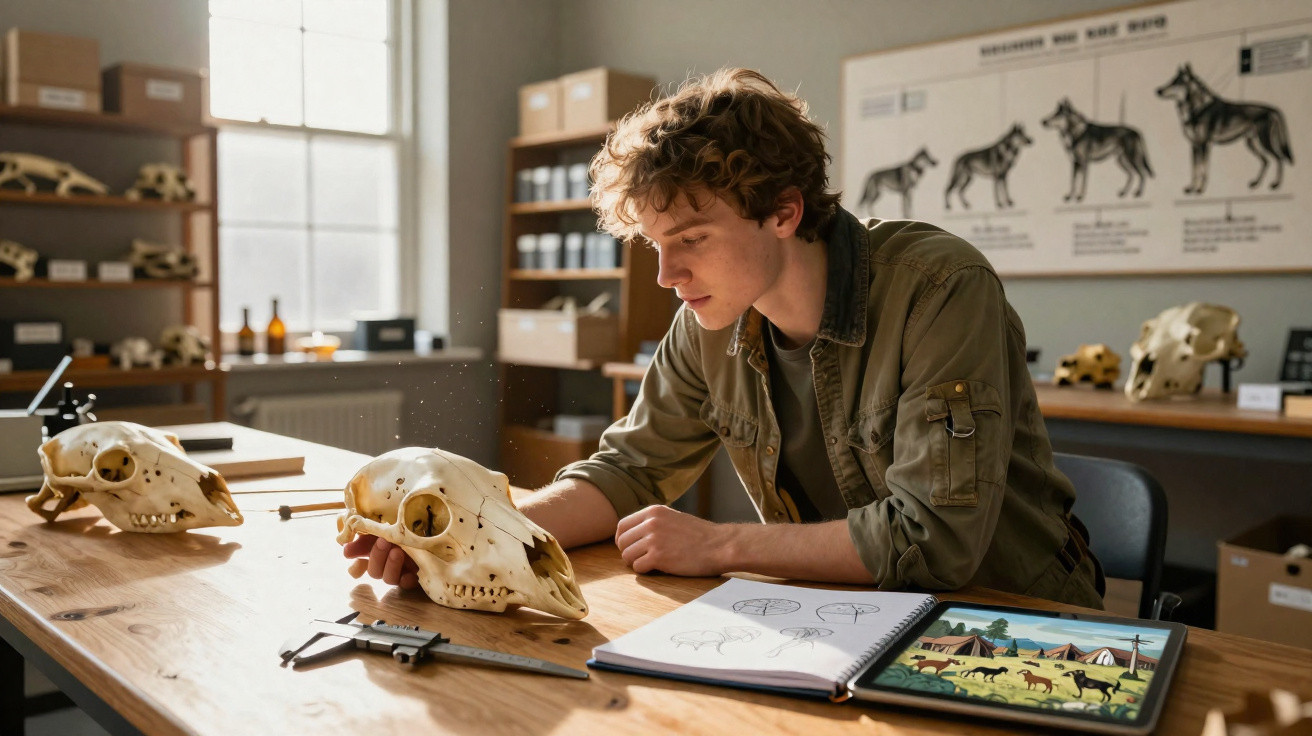 Jovem observa crânio animal numa sala com esqueletos e desenhos para estudo de morfologia.