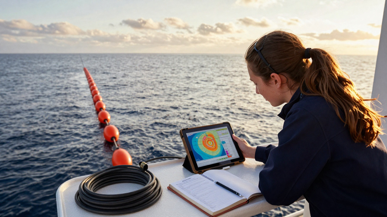 Mulher a analisar dados num tablet no convés de um barco, com boias laranja no mar ao fundo.