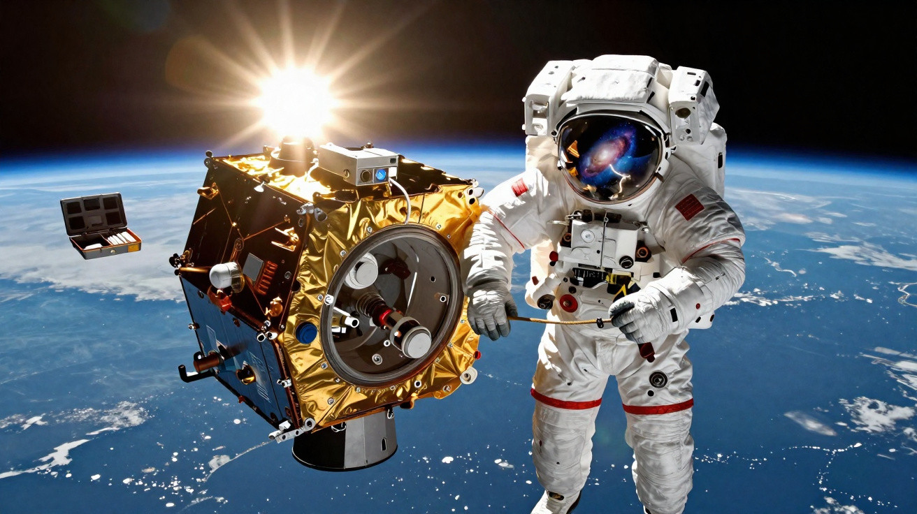 Astronauta em fato espacial a reparar satélite em órbita com a Terra e sol ao fundo.