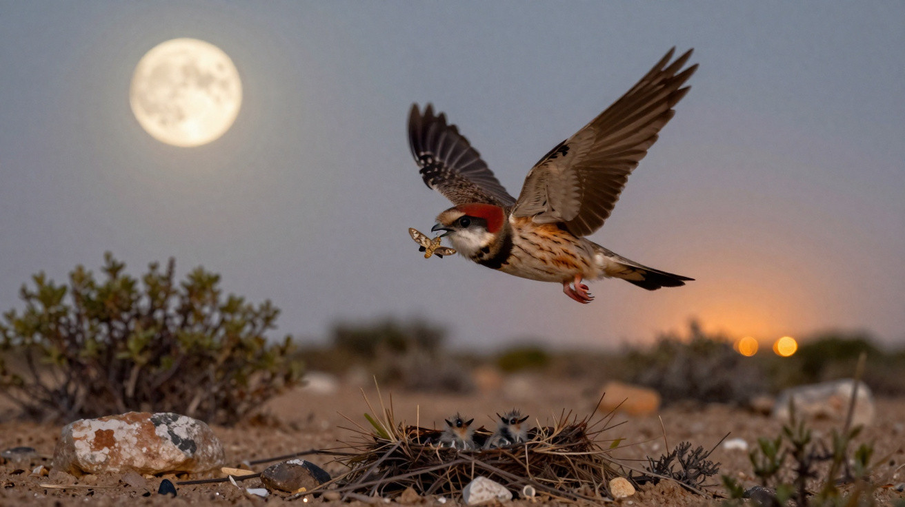 Pássaro a voar com uma borboleta no bico perto do ninho com filhotes, sob a lua cheia ao entardecer.