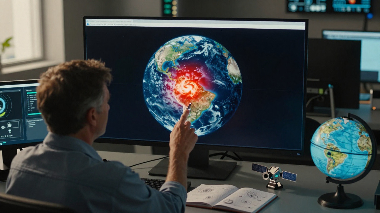 Homem aponta para um ecrã com imagem da Terra e destaque de tempestade, num escritório com globo terrestre e posível satélite