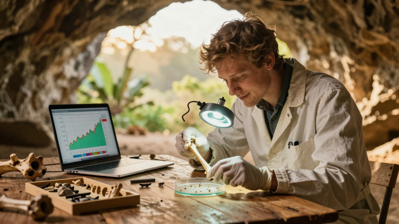 Cientista a analisar ossos numa placa petri com computador e ferramenta de escavação numa caverna.