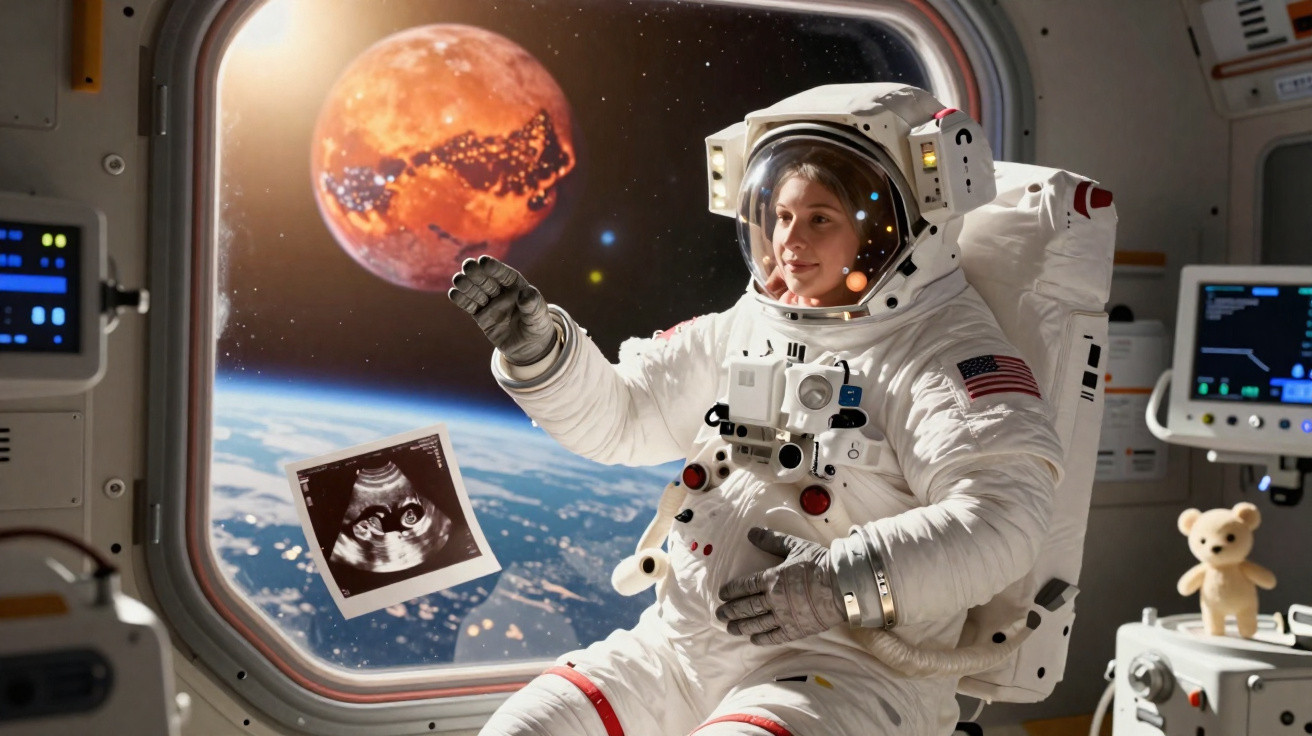 Astronauta feminina no espaço segura ecografia perto da janela com vista da Terra e Marte ao fundo.