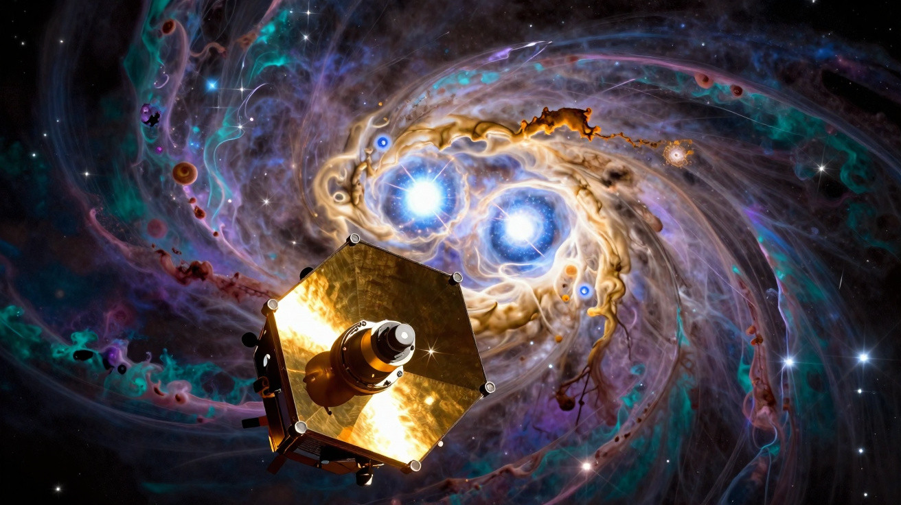 Sonda espacial com painéis dourados em primeiro plano, a observar onda gravitacional brilhante no espaço profundo.