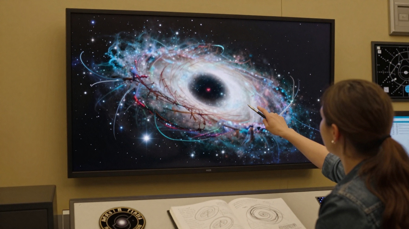 Pessoa aponta para imagem digital de galáxia espiral com buraco negro no centro numa televisão.