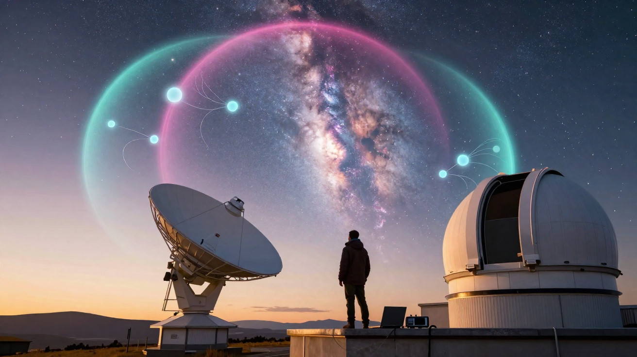 Pessoa observa o céu estrelado com via láctea, antena parabólica e observatório ao pôr do sol.